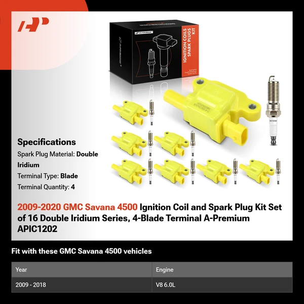2009-2020 GMC Savana 4500 Ignition Coil and Spark Plug Kit Set of 16 Double Iridium Series, 4-Blade Terminal A-Premium APIC1202