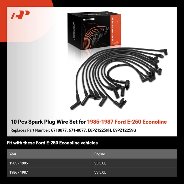 10 Pcs Spark Plug Wire Set for 1985-1987 Ford E-250 Econoline