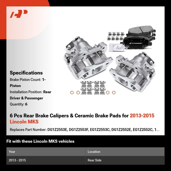 6 Pcs Rear Brake Calipers & Ceramic Brake Pads for 2013-2015 Lincoln MKS