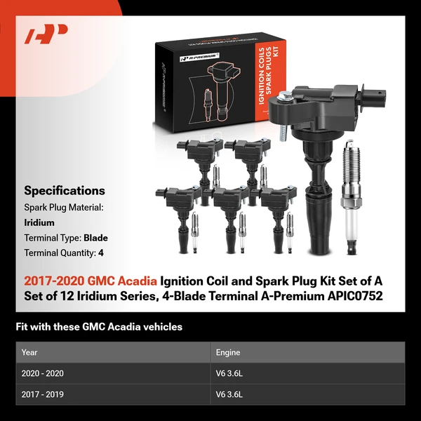 2017-2020 GMC Acadia Ignition Coil and Spark Plug Kit Set of A Set of 12 Iridium Series, 4-Blade Terminal A-Premium APIC0752