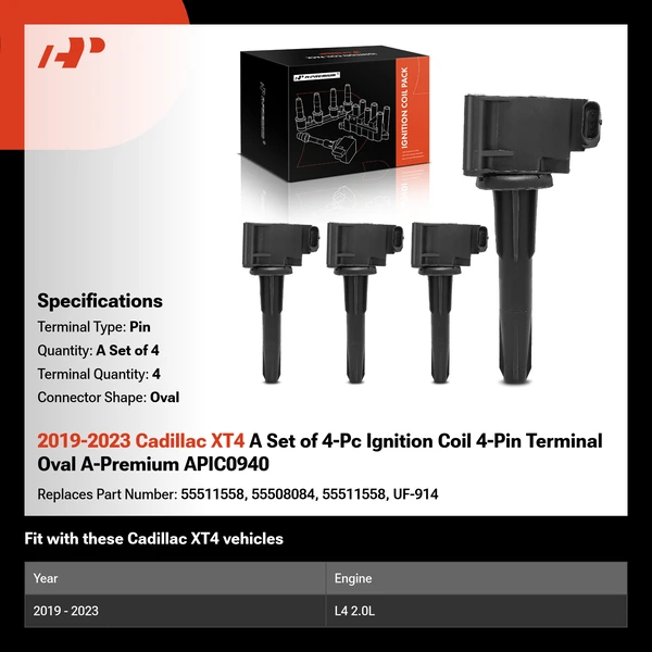 2019-2023 Cadillac XT4 A Set of 4-Pc Ignition Coil 4-Pin Terminal Oval A-Premium APIC0940