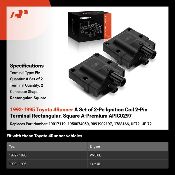 1992-1995 Toyota 4Runner A Set of 2-Pc Ignition Coil 2-Pin Terminal Rectangular, Square A-Premium APIC0297
