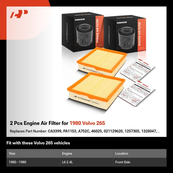 2 Pcs Engine Air Filter for 1980 Volvo 265