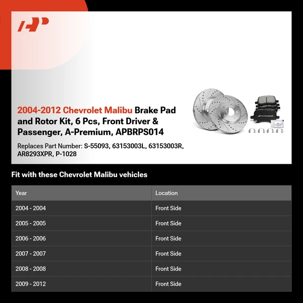 2004-2012 Chevrolet Malibu Brake Pad and Rotor Kit, 6 Pcs, Front Driver & Passenger, A-Premium, APBRPS014