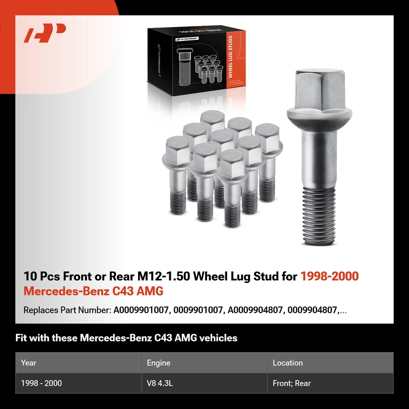 10 Pcs Front or Rear M12-1.50 Wheel Lug Stud for 1998-2000 Mercedes-Benz C43 AMG