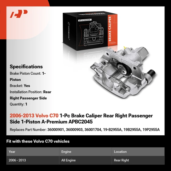 2006-2013 Volvo C70 1-Pc Brake Caliper Rear Right Passenger Side 1-Piston A-Premium APBC2045