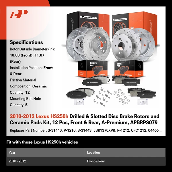 2010-2012 Lexus HS250h Drilled & Slotted Disc Brake Rotors and Ceramic Pads Kit, 12 Pcs, Front & Rear, A-Premium, APBRPS079