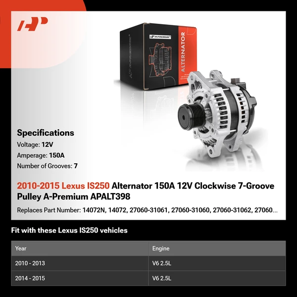 2010-2015 Lexus IS250 Alternator 150A 12V Clockwise 7-Groove Pulley A-Premium APALT398