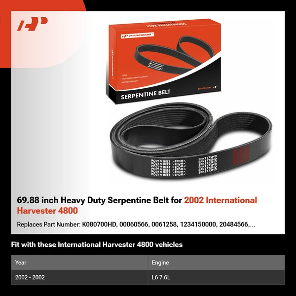 69.88 inch Heavy Duty Serpentine Belt for 2002 International Harvester 4800