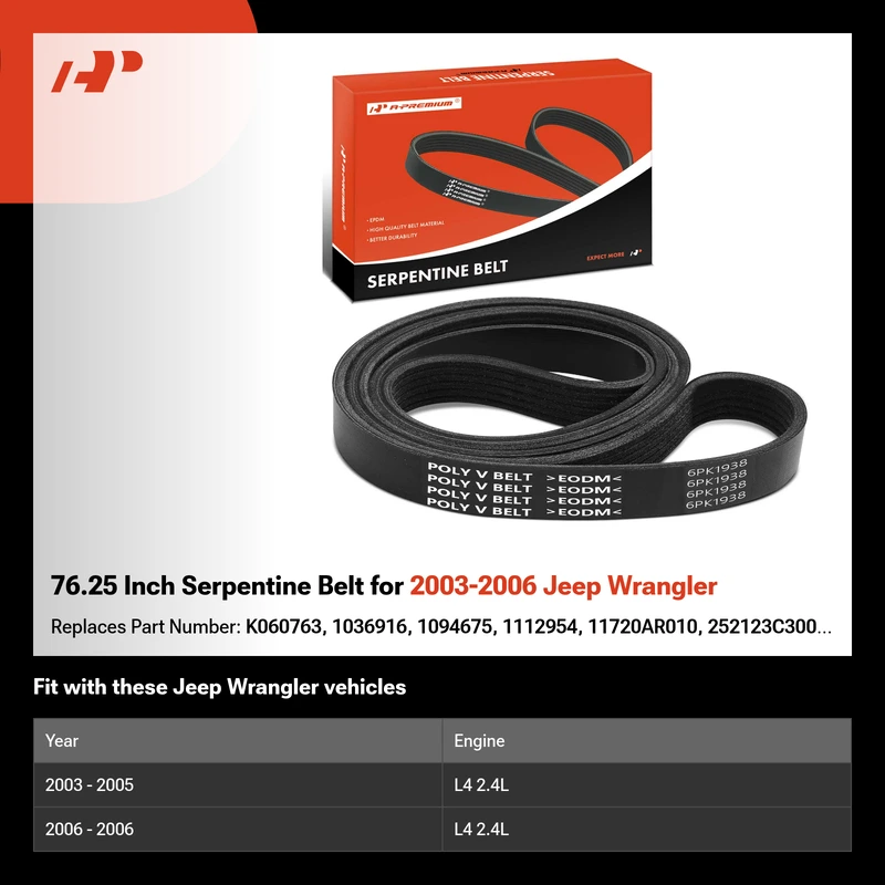 76.25 Inch Serpentine Belt for 2003-2006 Jeep Wrangler