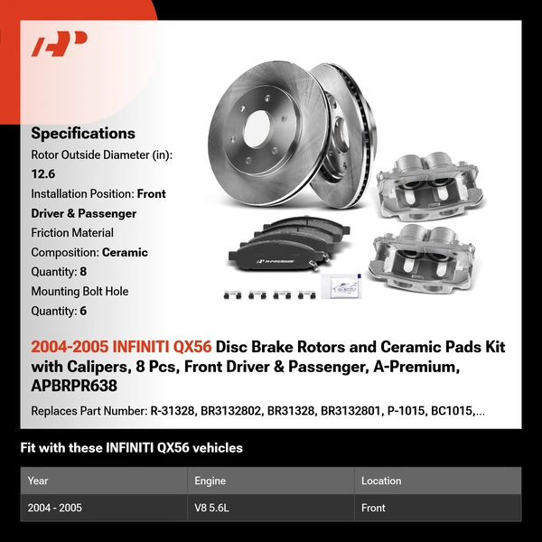 2004-2005 INFINITI QX56 Disc Brake Rotors and Ceramic Pads Kit with Calipers, 8 Pcs, Front Driver & Passenger, A-Premium, APBRPR638