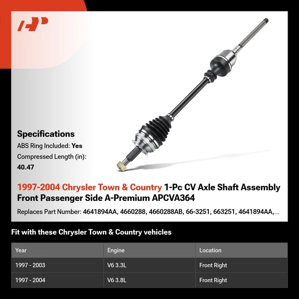 1997-2004 Chrysler Town & Country 1-Pc CV Axle Shaft Assembly Front Passenger Side A-Premium APCVA364