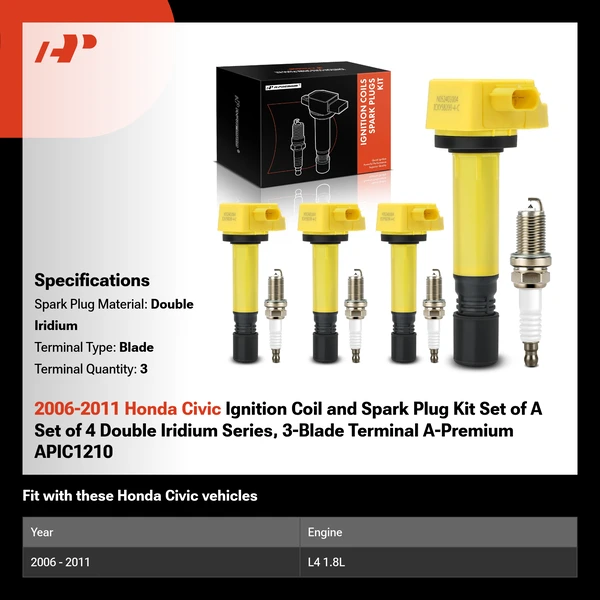 2006-2011 Honda Civic Ignition Coil and Spark Plug Kit Set of A Set of 4 Double Iridium Series, 3-Blade Terminal A-Premium APIC1210
