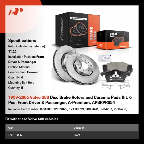 1999-2006 Volvo S80 Disc Brake Rotors and Ceramic Pads Kit, 6 Pcs, Front Driver & Passenger, A-Premium, APBRPR054