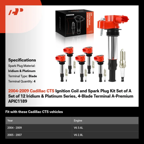 2004-2009 Cadillac CTS Ignition Coil and Spark Plug Kit Set of A Set of 12 Iridium & Platinum Series, 4-Blade Terminal A-Premium APIC1189