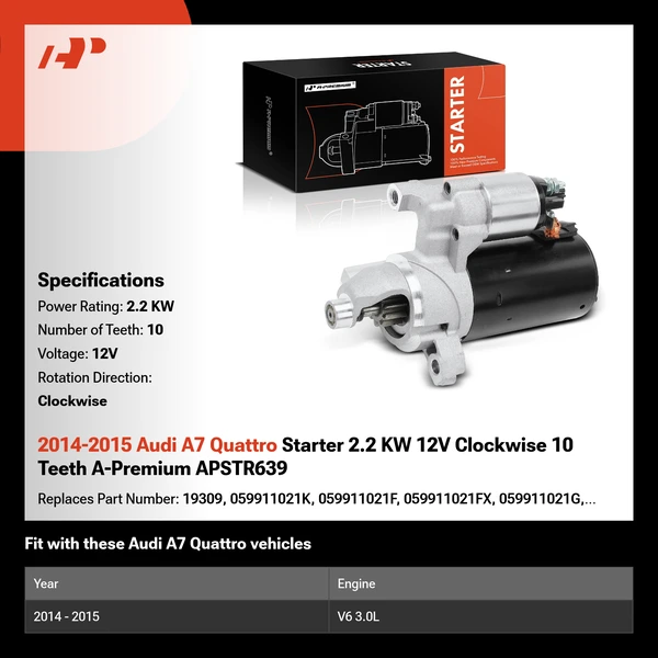 2014-2015 Audi A7 Quattro Starter 2.2 KW 12V Clockwise 10 Teeth A-Premium APSTR639
