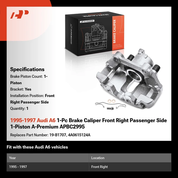 1995-1997 Audi A6 1-Pc Brake Caliper Front Right Passenger Side 1-Piston A-Premium APBC2995