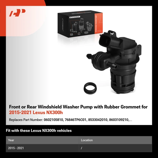 Front or Rear Windshield Washer Pump with Rubber Grommet for 2015-2021 Lexus NX300h