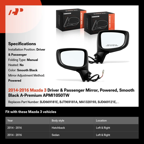 2014-2016 Mazda 3 Driver & Passenger Mirror, Powered, Smooth Black A-Premium APMI1050TW