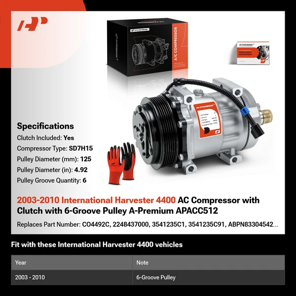2003-2010 International Harvester 4400 AC Compressor with Clutch with 6-Groove Pulley A-Premium APACC512