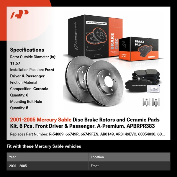 2001-2005 Mercury Sable Disc Brake Rotors and Ceramic Pads Kit, 6 Pcs, Front Driver & Passenger, A-Premium, APBRPR383