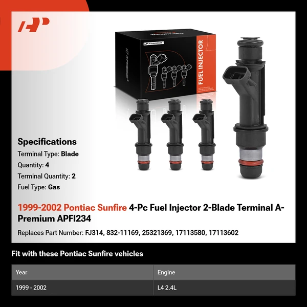 1999-2002 Pontiac Sunfire 4-Pc Fuel Injector 2-Blade Terminal A-Premium APFI234