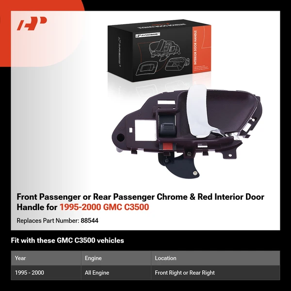 Front Passenger or Rear Passenger Chrome & Red Interior Door Handle for 1995-2000 GMC C3500