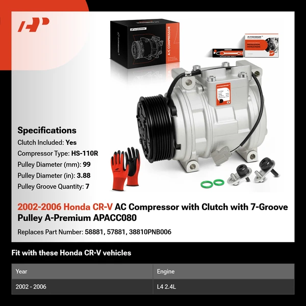 2002-2006 Honda CR-V AC Compressor with Clutch with 7-Groove Pulley A-Premium APACC080