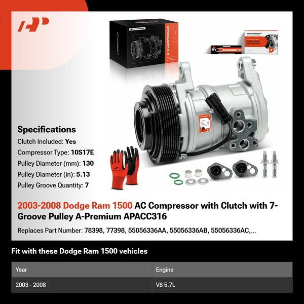 2003-2008 Dodge Ram 1500 AC Compressor with Clutch with 7-Groove Pulley A-Premium APACC316