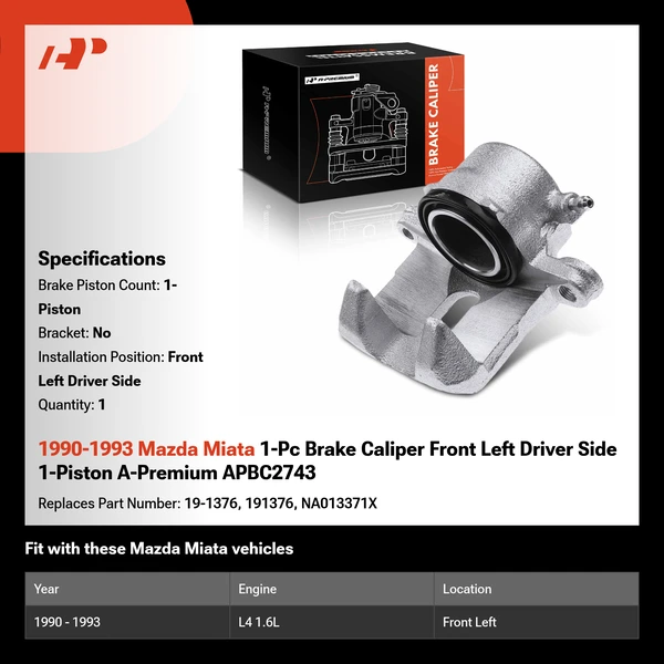 1990-1993 Mazda Miata 1-Pc Brake Caliper Front Left Driver Side 1-Piston A-Premium APBC2743