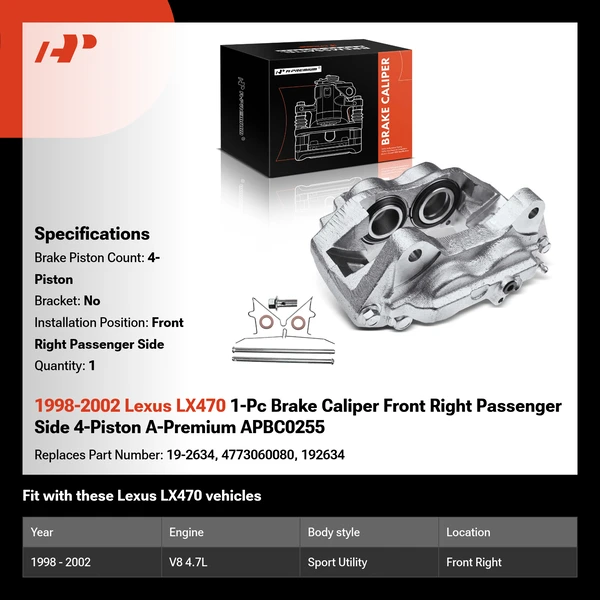 1998-2002 Lexus LX470 1-Pc Brake Caliper Front Right Passenger Side 4-Piston A-Premium APBC0255