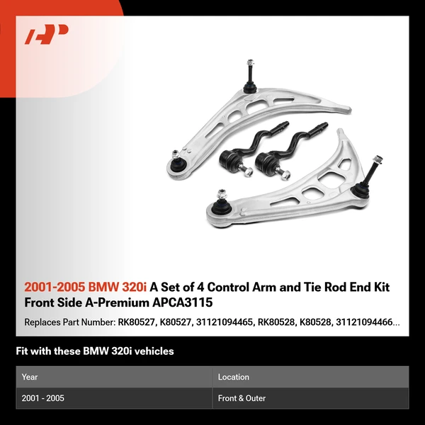 2001-2005 BMW 320i A Set of 4 Control Arm and Tie Rod End Kit Front Side A-Premium APCA3115