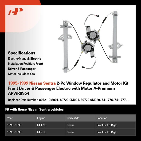 1995-1999 Nissan Sentra 2-Pc Window Regulator and Motor Kit Front Driver & Passenger Electric with Motor A-Premium APWR0964