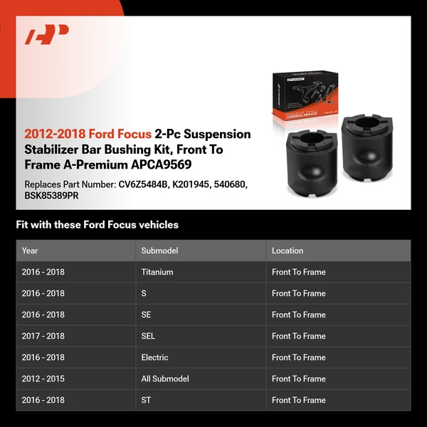 2012-2018 Ford Focus 2-Pc Suspension Stabilizer Bar Bushing Kit, Front To Frame A-Premium APCA9569