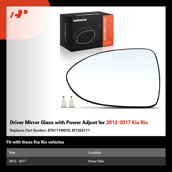 Driver Mirror Glass with Power Adjust for 2012-2017 Kia Rio