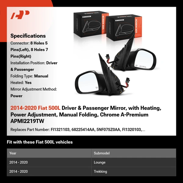 2014-2020 Fiat 500L Driver & Passenger Mirror, with Heating, Power Adjustment, Manual Folding, Chrome A-Premium APMI2219TW
