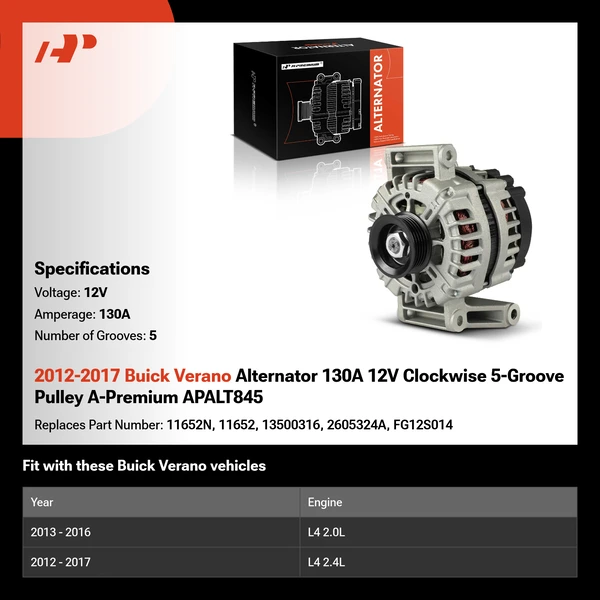 2012-2017 Buick Verano Alternator 130A 12V Clockwise 5-Groove Pulley A-Premium APALT845