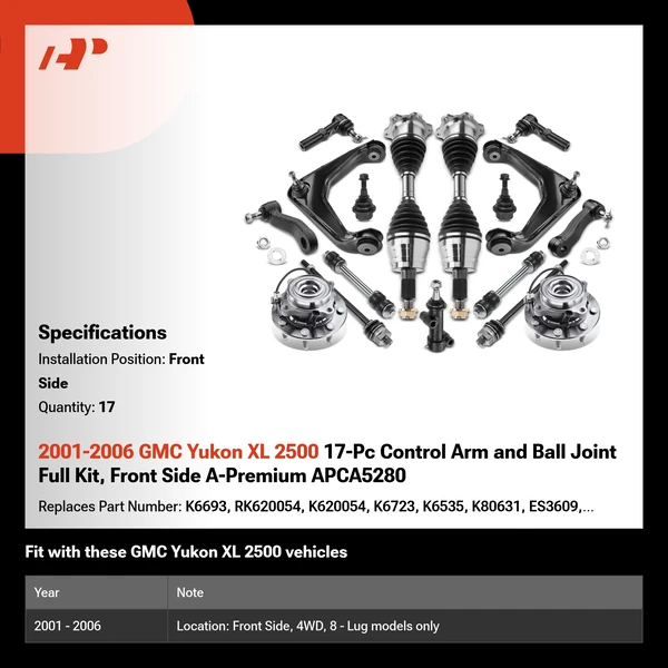 2001-2006 GMC Yukon XL 2500 17-Pc Control Arm and Ball Joint Full Kit, Front Side A-Premium APCA5280