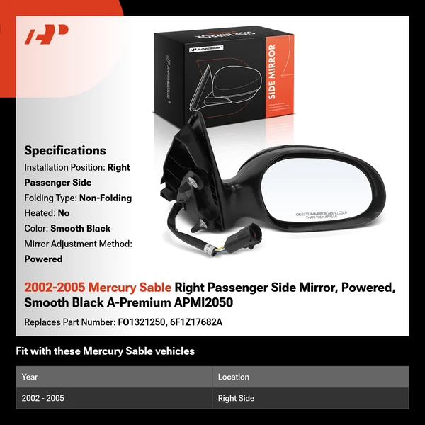 2002-2005 Mercury Sable Right Passenger Side Mirror, Powered, Smooth Black A-Premium APMI2050