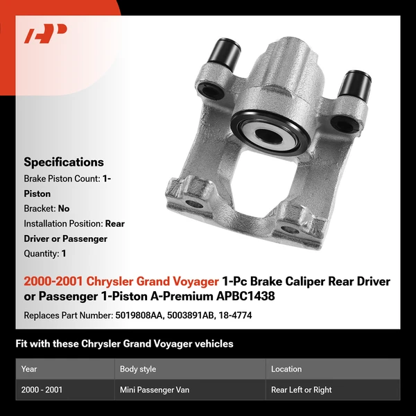 2000-2001 Chrysler Grand Voyager 1-Pc Brake Caliper Rear Driver or Passenger 1-Piston A-Premium APBC1438