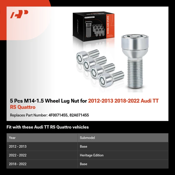5 Pcs M14-1.5 Wheel Lug Nut for 2012-2013 2018-2022 Audi TT RS Quattro