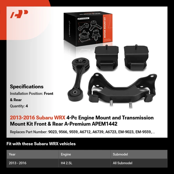 2013-2016 Subaru WRX 4-Pc Engine Mount and Transmission Mount Kit Front & Rear A-Premium APEM1442