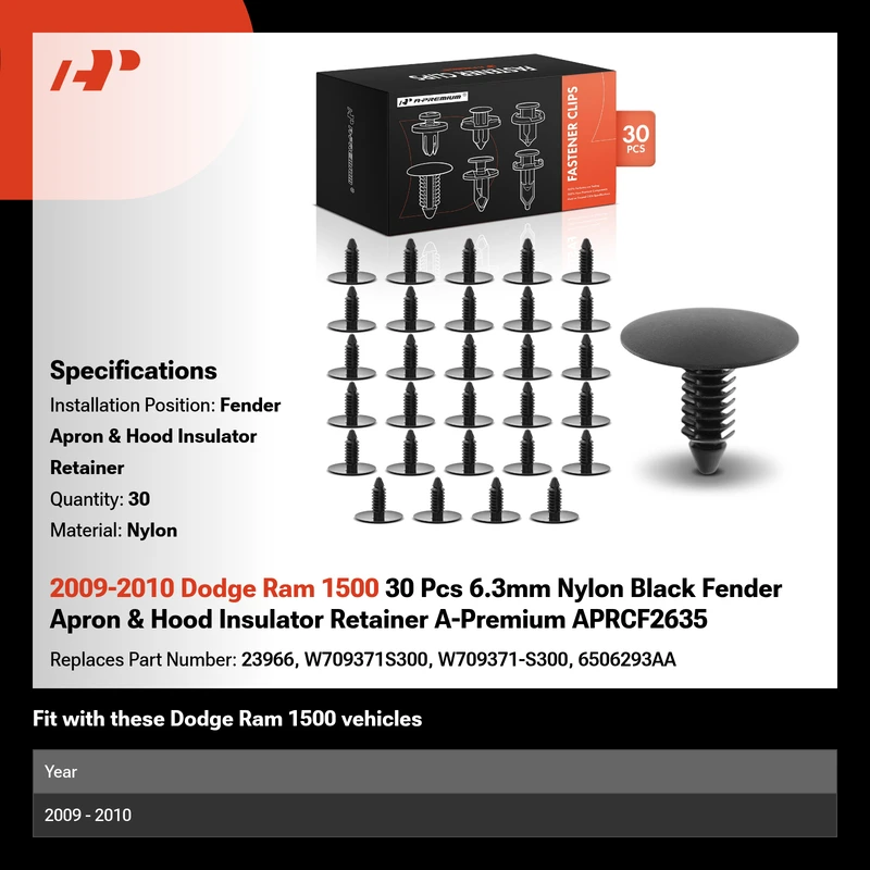 2009-2010 Dodge Ram 1500 30 Pcs 6.3mm Nylon Black Fender Apron & Hood Insulator Retainer A-Premium APRCF2635