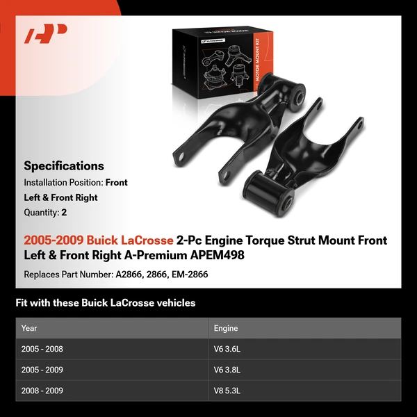 2005-2009 Buick LaCrosse 2-Pc Engine Torque Strut Mount Front Left & Front Right A-Premium APEM498