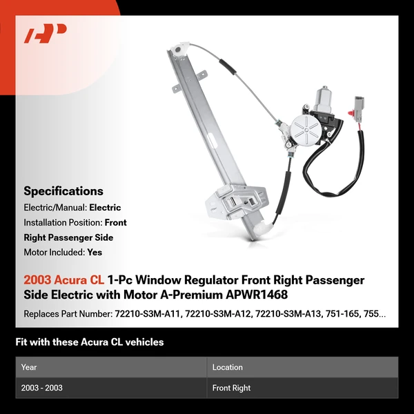 2003 Acura CL 1-Pc Window Regulator Front Right Passenger Side Electric with Motor A-Premium APWR1468
