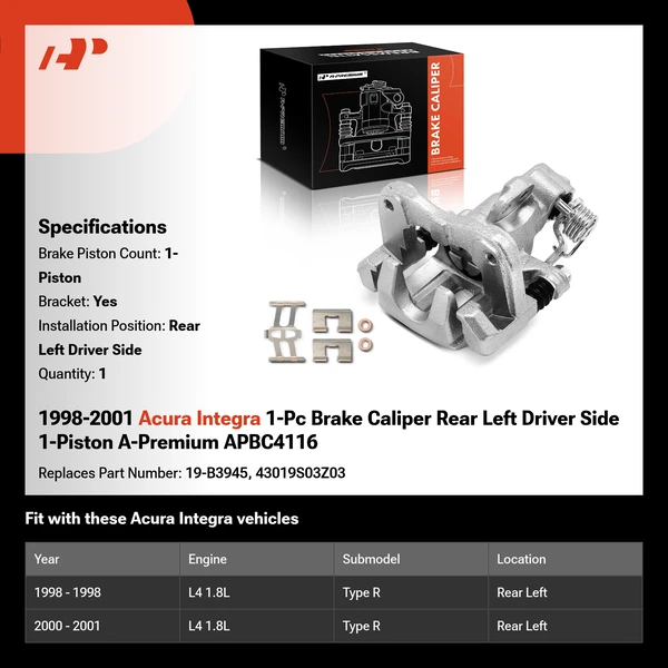 1998-2001 Acura Integra 1-Pc Brake Caliper Rear Left Driver Side 1-Piston A-Premium APBC4116
