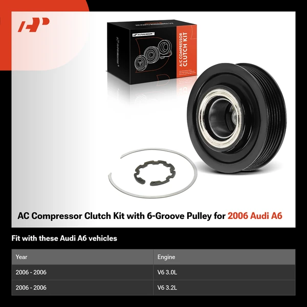 AC Compressor Clutch Kit with 6-Groove Pulley for 2006 Audi A6