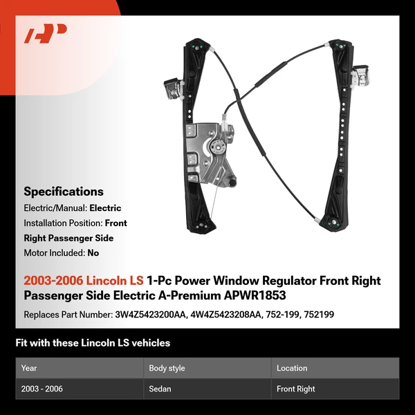 2003-2006 Lincoln LS 1-Pc Power Window Regulator Front Right Passenger Side Electric A-Premium APWR1853