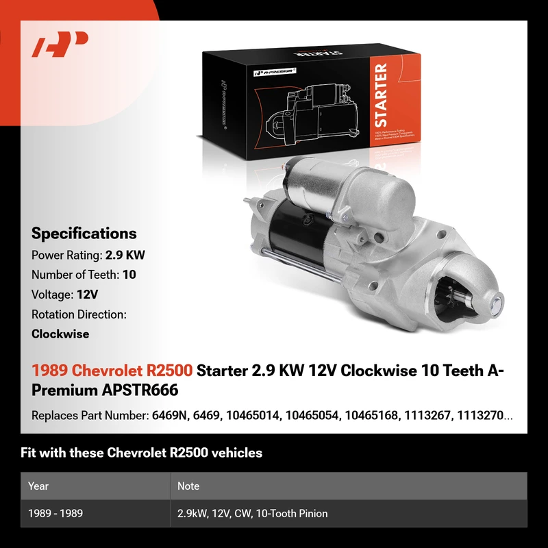 1989 Chevrolet R2500 Starter 2.9 KW 12V Clockwise 10 Teeth A-Premium APSTR666