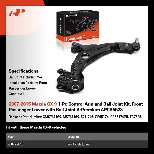 2007-2015 Mazda CX-9 1-Pc Control Arm and Ball Joint Kit, Front Passenger Lower with Ball Joint A-Premium APCA6528